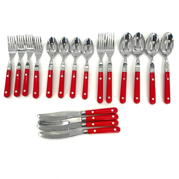 18 WF Washington Forge MARDI GRAS Spoons Forks Knives Red Handle Stainless set